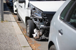 Van accident, damaged and broken by accident on the road in the morning