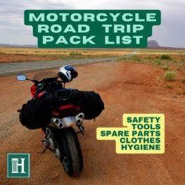 MOTORCYCLE ROAD TRIP PACK LIST IMAGE SAFETY TOOLS SPARE PARTS CLOTHES HYGIENE