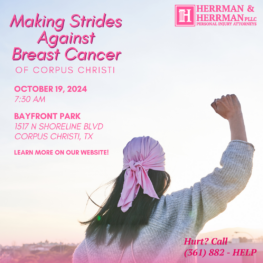 Making Strides Against Breast Cancer of Corpus Christi 2024 flyer. It lists the event date, October 19, 2024, the location, Bayfront Park, 1517 N Shoreline Blvd, and the time, 7:30 AM.